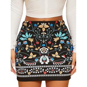 imageFloerns Womens Boho Floral Embroidered Casual Bodycon Short Mini SkirtBlack Multi