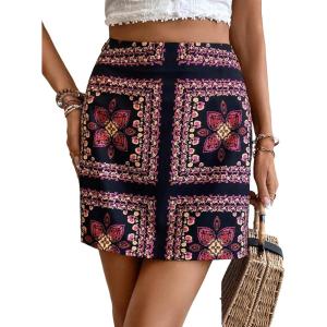 imageFloerns Womens Boho Floral Embroidered Casual Bodycon Short Mini SkirtRed Multi
