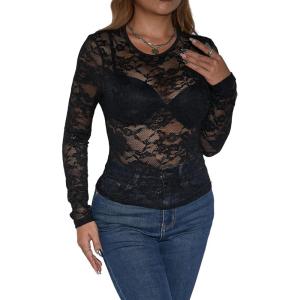 imageFloerns Womens Contrast Lace Long Sleeve See Through Blouse Tops Without BraAzure Black