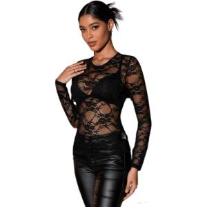 imageFloerns Womens Contrast Lace Long Sleeve See Through Blouse Tops Without BraBlack
