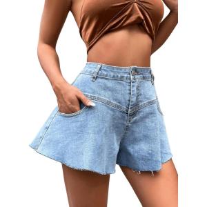 imageFloerns Womens High Waist Ruffle Raw Hem Loose Fit Wide Leg Denim ShortsLight Blue