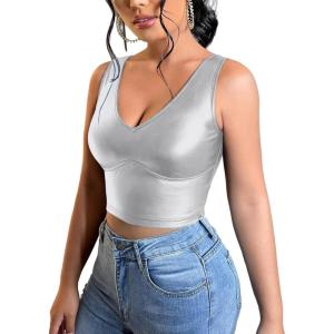 imageFloerns Womens PU Leather V Neck Solid Sleeveless Camisole Crop Tank TopArgent Silver