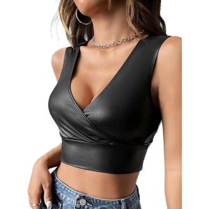 imageFloerns Womens PU Leather V Neck Solid Sleeveless Camisole Crop Tank TopBlack Ink