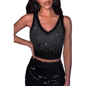 imageFloerns Womens PU Leather V Neck Solid Sleeveless Camisole Crop Tank TopBlack Rhinestone