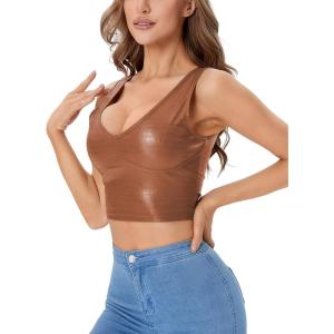 imageFloerns Womens PU Leather V Neck Solid Sleeveless Camisole Crop Tank TopCrocodile Brown