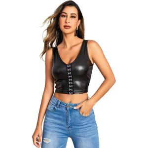 imageFloerns Womens PU Leather V Neck Solid Sleeveless Camisole Crop Tank TopJade Black