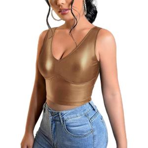 imageFloerns Womens PU Leather V Neck Solid Sleeveless Camisole Crop Tank TopPlain Brown
