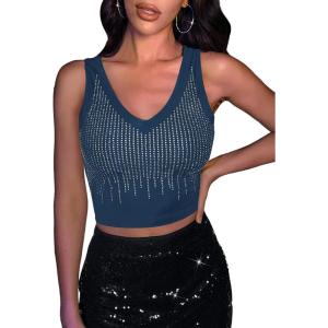imageFloerns Womens PU Leather V Neck Solid Sleeveless Camisole Crop Tank TopRhinestone Blue
