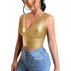 imageFloerns Womens PU Leather V Neck Solid Sleeveless Camisole Crop Tank TopSolid Gold