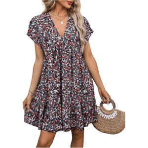 imageFloerns Womens V Neck Short Sleeve Ruffle Hem Colorblock Swing Shift Mini DressBlack Floral