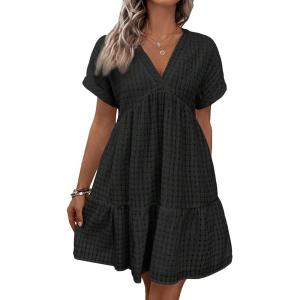 imageFloerns Womens V Neck Short Sleeve Ruffle Hem Colorblock Swing Shift Mini DressBlack Plain