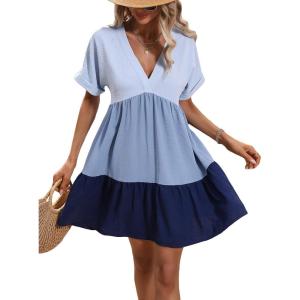 imageFloerns Womens V Neck Short Sleeve Ruffle Hem Colorblock Swing Shift Mini DressBlue