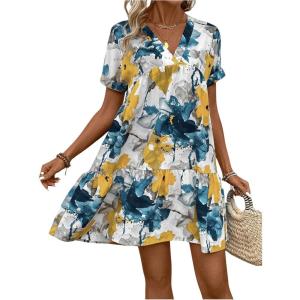 imageFloerns Womens V Neck Short Sleeve Ruffle Hem Colorblock Swing Shift Mini DressBlue and Yellow