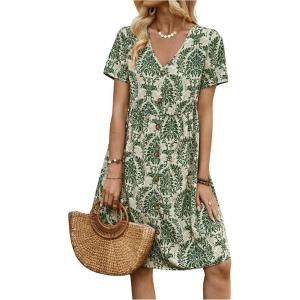 imageFloerns Womens V Neck Short Sleeve Ruffle Hem Colorblock Swing Shift Mini DressGreen Plant