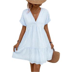 imageFloerns Womens V Neck Short Sleeve Ruffle Hem Colorblock Swing Shift Mini DressLight Blue Plaid