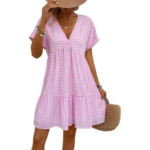 imageFloerns Womens V Neck Short Sleeve Ruffle Hem Colorblock Swing Shift Mini DressPink