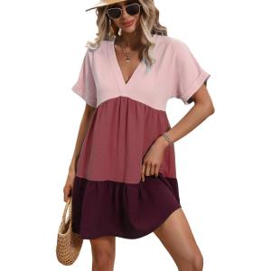 imageFloerns Womens V Neck Short Sleeve Ruffle Hem Colorblock Swing Shift Mini DressRed