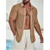 imageFloerns Mens Summer Crochet Knit Shirts Short Sleeve Button Down Shirt Hawaiian Shirt Vacation Beach ShirtsKhaki