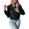 imageFloerns Womens Hollow Out Long Sleeve Baseball Collar Zip Up Bomber JacketBlack Plaid