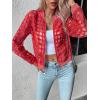 imageFloerns Womens Hollow Out Long Sleeve Baseball Collar Zip Up Bomber JacketRed Plaid