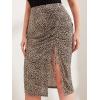 imageFloerns Womens Plus Size Leopard Drawstring Ruched Split Thigh Midi Skirt0brown Multi