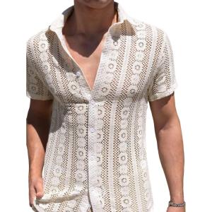 imageFloerns Mens Summer Crochet Knit Shirts Short Sleeve Button Down Shirt Hawaiian Shirt Vacation Beach ShirtsBeige