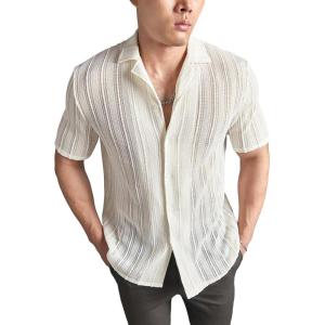 imageFloerns Mens Summer Crochet Knit Shirts Short Sleeve Button Down Shirt Hawaiian Shirt Vacation Beach ShirtsBeige Solid