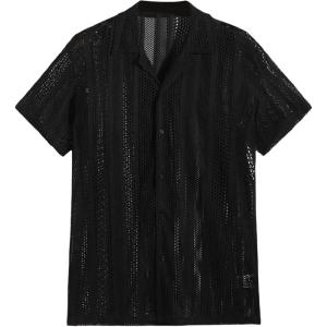 imageFloerns Mens Summer Crochet Knit Shirts Short Sleeve Button Down Shirt Hawaiian Shirt Vacation Beach ShirtsBlack