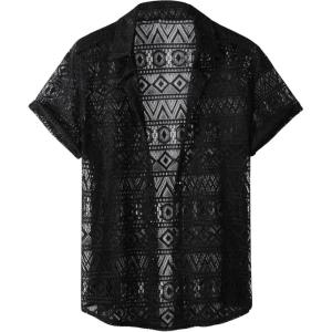 imageFloerns Mens Summer Crochet Knit Shirts Short Sleeve Button Down Shirt Hawaiian Shirt Vacation Beach ShirtsBlack Jade