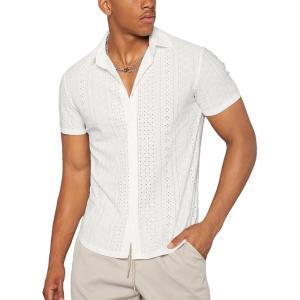 imageFloerns Mens Summer Crochet Knit Shirts Short Sleeve Button Down Shirt Hawaiian Shirt Vacation Beach ShirtsCream White