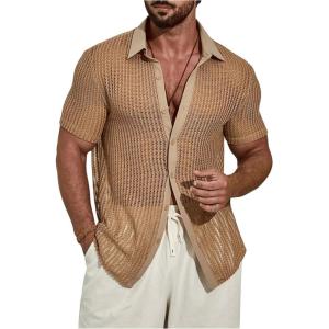 imageFloerns Mens Summer Crochet Knit Shirts Short Sleeve Button Down Shirt Hawaiian Shirt Vacation Beach ShirtsKhaki