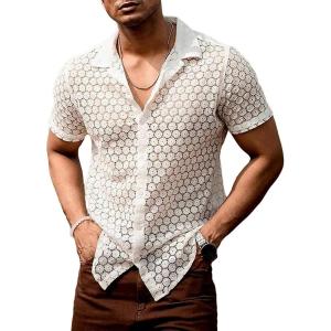 imageFloerns Mens Summer Crochet Knit Shirts Short Sleeve Button Down Shirt Hawaiian Shirt Vacation Beach ShirtsPearl White