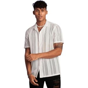 imageFloerns Mens Summer Crochet Knit Shirts Short Sleeve Button Down Shirt Hawaiian Shirt Vacation Beach ShirtsWhite