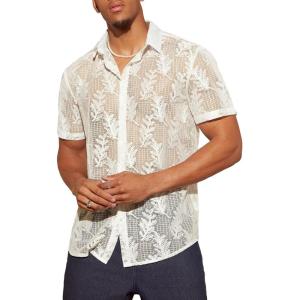 imageFloerns Mens Summer Crochet Knit Shirts Short Sleeve Button Down Shirt Hawaiian Shirt Vacation Beach ShirtsWhite Plants