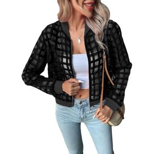 imageFloerns Womens Hollow Out Long Sleeve Baseball Collar Zip Up Bomber JacketBlack Plaid