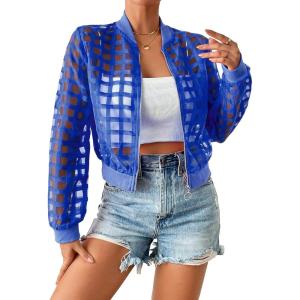 imageFloerns Womens Hollow Out Long Sleeve Baseball Collar Zip Up Bomber JacketBlue