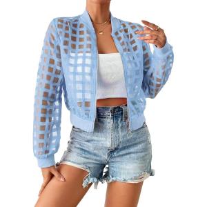 imageFloerns Womens Hollow Out Long Sleeve Baseball Collar Zip Up Bomber JacketLight Blue