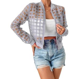 imageFloerns Womens Hollow Out Long Sleeve Baseball Collar Zip Up Bomber JacketLight Grey
