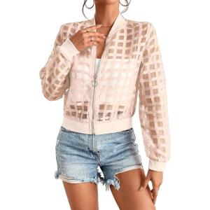 imageFloerns Womens Hollow Out Long Sleeve Baseball Collar Zip Up Bomber JacketLight Pink
