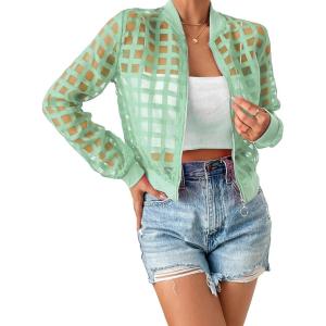 imageFloerns Womens Hollow Out Long Sleeve Baseball Collar Zip Up Bomber JacketLime Green
