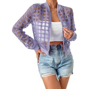 imageFloerns Womens Hollow Out Long Sleeve Baseball Collar Zip Up Bomber JacketPurple
