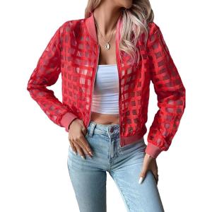 imageFloerns Womens Hollow Out Long Sleeve Baseball Collar Zip Up Bomber JacketRed Plaid