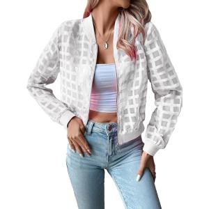 imageFloerns Womens Hollow Out Long Sleeve Baseball Collar Zip Up Bomber JacketWhite Plaid