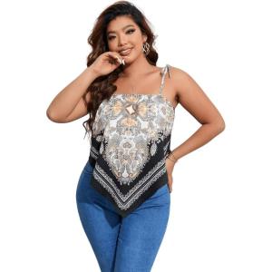 imageFloerns Womens Plus Size Boho Printed Tie Shoulder Sleeveless Hanky Hem Cami TopWhite Paisley