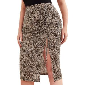 imageFloerns Womens Plus Size Leopard Drawstring Ruched Split Thigh Midi Skirt0brown Multi