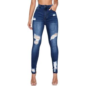imageFloerns Womens Ripped High Waist Skinny Jeans Distressed Stretchy Curvy Denim PantsDark Blue