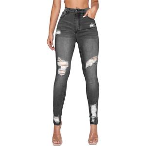 imageFloerns Womens Ripped High Waist Skinny Jeans Distressed Stretchy Curvy Denim PantsDeep Grey