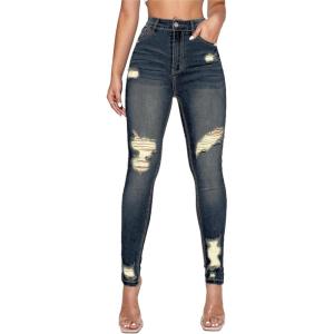 imageFloerns Womens Ripped High Waist Skinny Jeans Distressed Stretchy Curvy Denim PantsDull Blue