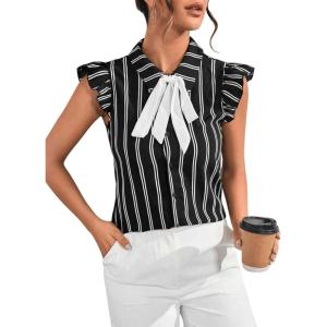 imageFloerns Womens Sleeveless Bow Tie Striped Summer Chiffon Blouse TopBlack Striped