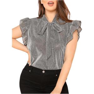 imageFloerns Womens Sleeveless Bow Tie Striped Summer Chiffon Blouse TopSilver